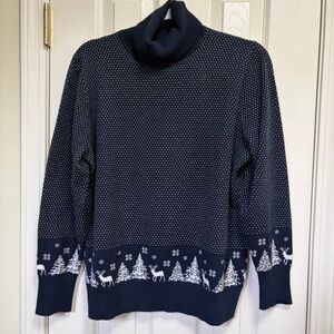 Lands End Navy and white  cotton cashmere blend Turtle neck sweater  L petite
